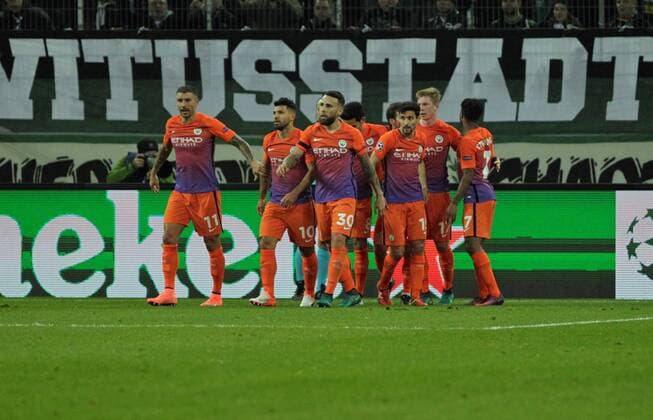 23.11.2016. Moenchengladbach, Germany. Man City team celebration for the goal from David Silva Manchester City for 1-1 in the 45th minute during the UEFA Champions League football match between Borussia Monchengladbach and Manchester City at Borussia Park Stadium on 23 November 2016 in Monchengladbach xlaurent.lairysx  ActionPlus11813293