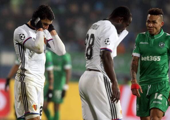 23.11.2016 Sofia(Bulgaria) PFC Ludogorets-FC Basel UEFA Champions League men s football Mohamed Elyounoussi(L) with Seydou Doumbia(c) FC Basel during match and Anicet Abel (r) PFC Ludogorets :Str 