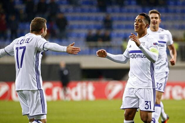 BAKU, AZERBAIJAN - NOVEMBER 24 : Youri Tielemans midfielder of RSC Anderlecht scores and celebrates pictured during the Europa League match between Qabala PFk and Rsca in Baku, Azerbaijan. 24 11 2016 FOOTBALL : Qabala vs Anderlecht - Europa League - Baku - 24 11 2016 PhotoNews Panoramic  665590057