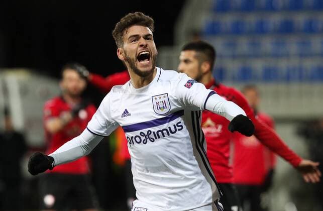 Anderlecht s Massimo Bruno celebrates after scoring during a fifth game in the group stage (gruop C) of the Europa League competition between Azerbaijani team FK Qabala and Belgian team RSCA Anderlecht, Thursday 24 November 2016, in Baku, Azerbaijan. VIRGINIExLEFOUR  x04982416x