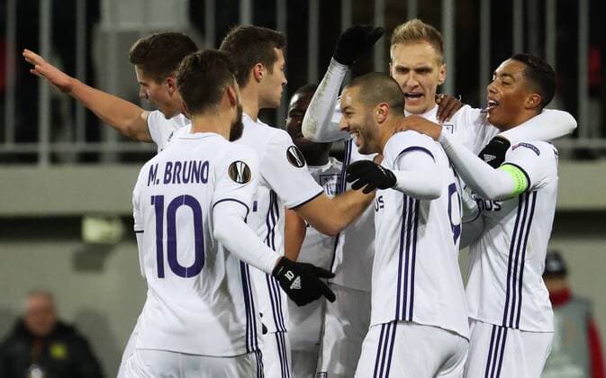 Anderlecht s Lukasz Teodorczyk celebrates after scoring during a fifth game in the group stage (gruop C) of the Europa League competition between Azerbaijani team FK Qabala and Belgian team RSCA Anderlecht, Thursday 24 November 2016, in Baku, Azerbaijan. VIRGINIExLEFOUR  x04982448x