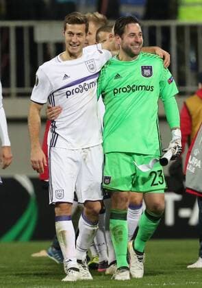 Anderlecht s Uros Spajic and Anderlecht s goalkeeper Frank Boeckx celebrate after winning a fifth game in the group stage (gruop C) of the Europa League competition between Azerbaijani team FK Qabala and Belgian team RSCA Anderlecht, Thursday 24 November 2016, in Baku, Azerbaijan. VIRGINIExLEFOUR  x04982435x