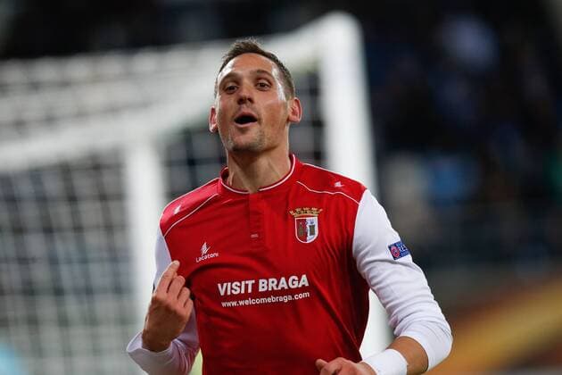 Braga s Nikola Stoiljkovic celebrates after scoring during a fifth game in the group stage (group H) of the Europa League competition between Belgian soccer team KAA Gent and Portugese team SC Braga, Thursday 24 November 2016, in Gent. BRUNOxFAHY  x04982482x