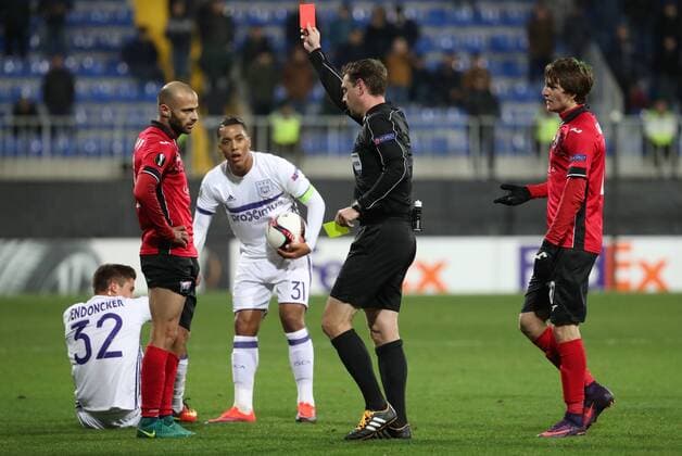 Gabala s Rashad Eyubov receives a red card from the referee and during a fifth game in the group stage (gruop C) of the Europa League competition between Azerbaijani team FK Qabala and Belgian team RSCA Anderlecht, Thursday 24 November 2016, in Baku, Azerbaijan. VIRGINIExLEFOUR  x04982493x
