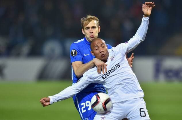 Lukas Pokorny of Slovan, left, and Dino Ndlovu of Karabach in action during the European league, 5th round, FC Slovan Liberec vs FK Karabach match in Liberec, Czech Republic, on Thursday, November 24, 2016. (CTKxPhoto RadekxPetrasek) CTKPhotoP201611240879501  PER_9301