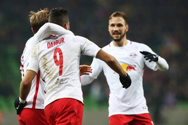 SOCCER - EL, Krasnodar vs RBS KRASNODAR,RUSSIA,24.NOV.16 - SOCCER - UEFA Europa League, group stage, FK Krasnodar vs Red Bull Salzburg. Image shows the rejoicing of Munas Dabbur, Fredrik Gulbrandsen and Andreas Ulmer (RBS). GEPAxpictures xMathiasxMandl