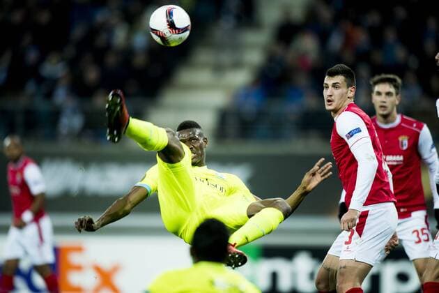 Gent s Kalifa Coulibaly scores a goal during a fifth game in the group stage (group H) of the Europa League competition between Belgian soccer team KAA Gent and Portugese team SC Braga, Thursday 24 November 2016, in Gent. JASPERxJACOBS  x04982544x