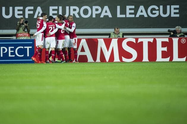 Braga s players celebrate after scoring during a fifth game in the group stage (group H) of the Europa League competition between Belgian soccer team KAA Gent and Portugese team SC Braga, Thursday 24 November 2016, in Gent. JASPERxJACOBS  x04982589x