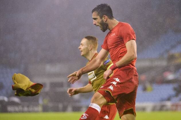 Standard s Konstantinos Laifis celebrates after scoring during a game of the fifth day of the group stage (Group G) of the Europa League competition between Spanish team Celta Vigo and Belgian club Standard de Liege, Thursday 24 November 2016, in Vigo, Spain. NICOLASxLAMBERT  x04982710x