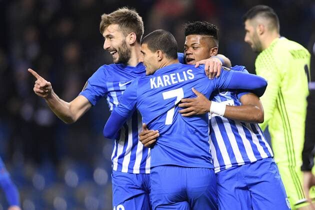 Genk s Tino-Sven Susic, Genk s Nikolaos Karelis and Genk s Leon Bailey celebrate during a game of the fifth day of the group stage (Group F) of the Europa League competition between Belgian soccer team RC Genk and Austrian team Rapid Wien, Thursday 24 November 2016, in Genk. YORICKxJANSENS  x04982823x