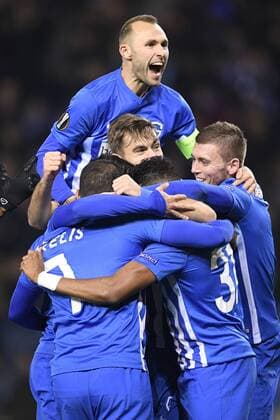 Genk s Thomas Buffel, Genk s Tino-Sven Susic and Genk s Bojan Nastic celebrate during a game of the fifth day of the group stage (Group F) of the Europa League competition between Belgian soccer team RC Genk and Austrian team Rapid Wien, Thursday 24 November 2016, in Genk. YORICKxJANSENS  x04982825x
