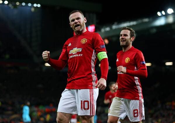 Wayne Rooney of Manchester United ManU celebrates after scoring his sides first goal during the UEFA Europa League match at Old Trafford, Manchester. Picture date: November 24th 2016. Pic Matt McNulty Sportimage EDITORIAL USE ONLY. No use with unauthorised audio, video, data, fixture lists, club league logos or live services. Online in-match use limited to 120 images, no video emulation. No use in betting, games or single club league player publications.