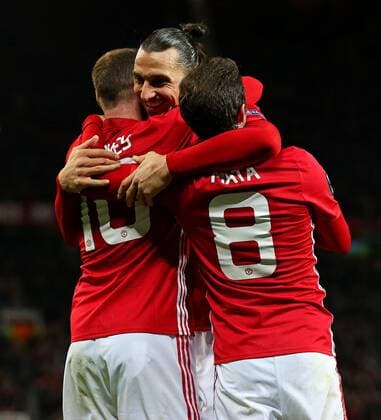 Zlatan Ibrahimovic of Manchester United ManU celebrates with Wayne Rooney and Juan Mata after the opening goal during the UEFA Europa League match at Old Trafford, Manchester. Picture date: November 24th 2016. Pic Matt McNulty Sportimage EDITORIAL USE ONLY. No use with unauthorised audio, video, data, fixture lists, club league logos or live services. Online in-match use limited to 120 images, no video emulation. No use in betting, games or single club league player publications.