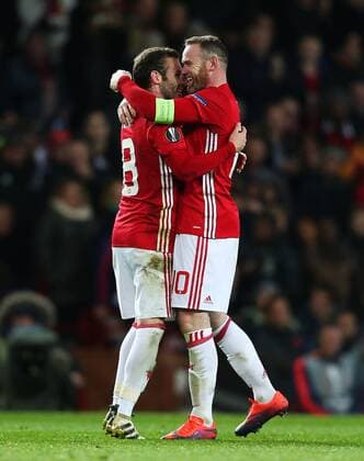 Juan Mata of Manchester United ManU celebrates with Wayne Rooney after scoring his sides second goal during the UEFA Europa League match at Old Trafford, Manchester. Picture date: November 24th 2016. Pic Matt McNulty Sportimage EDITORIAL USE ONLY. No use with unauthorised audio, video, data, fixture lists, club league logos or live services. Online in-match use limited to 120 images, no video emulation. No use in betting, games or single club league player publications.