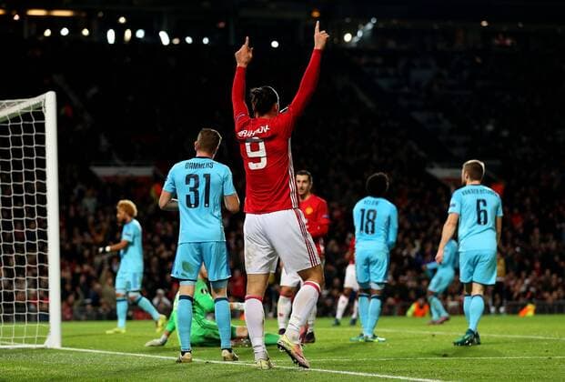 Zlatan Ibrahimovic of Manchester United ManU celebrates after scoring his sides third goal during the UEFA Europa League match at Old Trafford, Manchester. Picture date: November 24th 2016. Pic Matt McNulty Sportimage EDITORIAL USE ONLY. No use with unauthorised audio, video, data, fixture lists, club league logos or live services. Online in-match use limited to 120 images, no video emulation. No use in betting, games or single club league player publications.