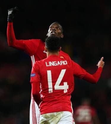 Jesse Lingard of Manchester United ManU dances with Paul Pogba in celebration after scoring his sides fourth goal during the UEFA Europa League match at Old Trafford, Manchester. Picture date: November 24th 2016. Pic Matt McNulty Sportimage EDITORIAL USE ONLY. No use with unauthorised audio, video, data, fixture lists, club league logos or live services. Online in-match use limited to 120 images, no video emulation. No use in betting, games or single club league player publications.
