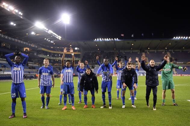 Genk s players celebrate after winning a game of the fifth day of the group stage (Group F) of the Europa League competition between Belgian soccer team RC Genk and Austrian team Rapid Wien, Thursday 24 November 2016, in Genk. YORICKxJANSENS  x04982968x