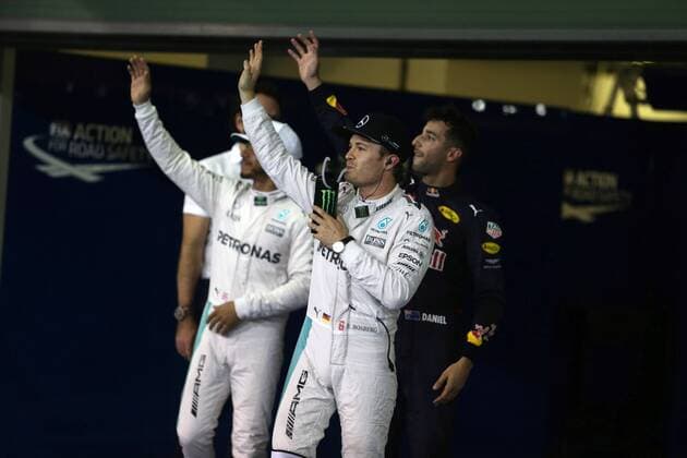 Abu Dhabi Grand Prix, UAE 24 - 27 November 2016 26.11.2016 - Qualifying, Lewis Hamilton (GBR) Mercedes AMG F1 W07 Hybrid pole position, 2nd place Nico Rosberg (GER) Mercedes AMG F1 W07 Hybrid and 3rd place Daniel Ricciardo (AUS) Red Bull Racing RB12 