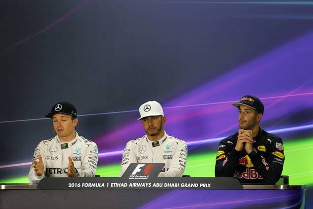 Abu Dhabi Grand Prix, UAE 24 - 27 November 2016 26.11.2016 - Qualifying, press conference PK Pressekonferenz Nico Rosberg (GER) Mercedes AMG F1 W07 Hybrid, Lewis Hamilton (GBR) Mercedes AMG F1 W07 Hybrid and Daniel Ricciardo (AUS) Red Bull Racing RB12 