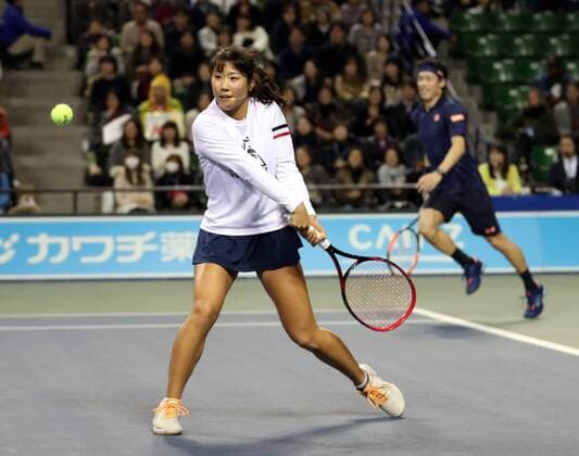 November 26, 2016, Tokyo, Japan - Japan s Kei Nishikori and Nao Hibino pair return the ball against Japan s Taro Daniel and Naomi Osaka pair during an annual charity tennis match Dream Tennis Ariake in Tokyo on Saturday, November 26, 2016. Admission money will be donated for the rebuild of tennis facilities at the tsunami affected area in northern Japan. NOxTHIRDxPARTYxSALES.  (lwxa006502)