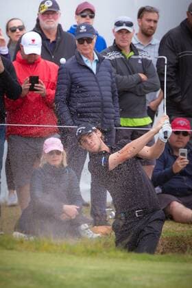 MELBOURNE, VIC - NOVEMBER 27: Thomas Pieters of Belgium takes his shot from the bunker on the final day of the ISPS HANDA World Cup of Golf on November 27, 2016, at Kingston Heath Golf Club in Melbourne, Australia. (Photo by Jason Heidrich Icon Sportswire) GOLF: NOV 27 World Cup of Golf - Final Round Icon161127120 EDITORIAL USE ONLY