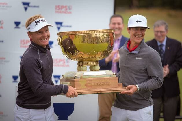 MELBOURNE, VIC - NOVEMBER 27: Soren Kjeldsen of Denmark and Thorbjorn Olesen of Denmark raise the trophy for winning the ISPS HANDA World Cup of Golf on the final day of the ISPS HANDA World Cup of Golf on November 27, 2016, at Kingston Heath Golf Club in Melbourne, Australia. (Photo by Jason Heidrich Icon Sportswire) GOLF: NOV 27 World Cup of Golf - Final Round Icon161127107 EDITORIAL USE ONLY