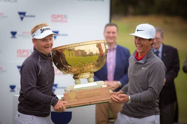 MELBOURNE, VIC - NOVEMBER 27: Soren Kjeldsen of Denmark and Thorbjorn Olesen of Denmark raise the trophy for winning the ISPS HANDA World Cup of Golf on the final day of the ISPS HANDA World Cup of Golf on November 27, 2016, at Kingston Heath Golf Club in Melbourne, Australia. (Photo by Jason Heidrich Icon Sportswire) GOLF: NOV 27 World Cup of Golf - Final Round Icon161127106 EDITORIAL USE ONLY
