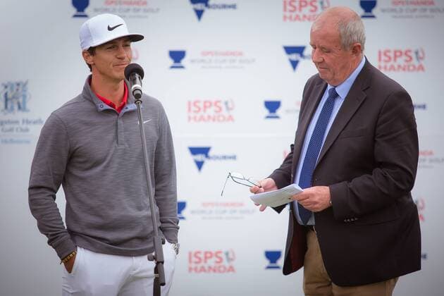 MELBOURNE, VIC - NOVEMBER 27:Thorbjorn Olesen of Denmark speaks with the MC during the championship ceremonyon the final day of the ISPS HANDA World Cup of Golf on November 27, 2016, at Kingston Heath Golf Club in Melbourne, Australia. (Photo by Jason Heidrich Icon Sportswire) GOLF: NOV 27 World Cup of Golf - Final Round Icon161127104 EDITORIAL USE ONLY