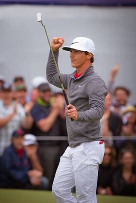 MELBOURNE, VIC - NOVEMBER 27: Thorbjorn Olesen of Denmark sinks his putt and wins the ISPS HANDA World Cup of Golf on the final day of the ISPS HANDA World Cup of Golf on November 27, 2016, at Kingston Heath Golf Club in Melbourne, Australia. (Photo by Jason Heidrich Icon Sportswire) GOLF: NOV 27 World Cup of Golf - Final Round Icon161127095 EDITORIAL USE ONLY