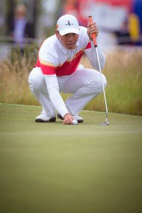 MELBOURNE, VIC - NOVEMBER 27: Ashun Wu lines up his shot on the final day of the ISPS HANDA World Cup of Golf on November 27, 2016, at Kingston Heath Golf Club in Melbourne, Australia. (Photo by Jason Heidrich Icon Sportswire) GOLF: NOV 27 World Cup of Golf - Final Round Icon161127089 EDITORIAL USE ONLY