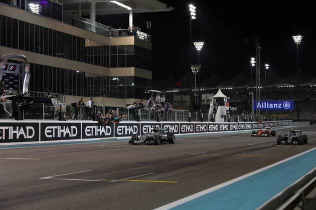 Abu Dhabi Grand Prix, UAE 24 - 27 November 2016 27.11.2016 - Race, Lewis Hamilton (GBR) Mercedes AMG F1 W07 Hybrid race winner and Nico Rosberg (GER) Mercedes AMG F1 W07 Hybrid, 2nd place and champion 2016 