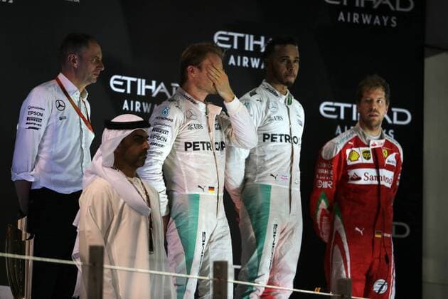 Abu Dhabi Grand Prix, UAE 24 - 27 November 2016 27.11.2016 - Race, 2nd place Nico Rosberg (GER) Mercedes AMG F1 W07 Hybrid and Champion 2016, Lewis Hamilton (GBR) Mercedes AMG F1 W07 Hybrid race winner and 3rd place Sebastian Vettel (GER) Scuderia Ferrari SF16-H 