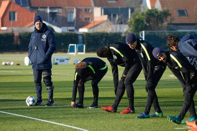 Club s head coach Michel Preud homme, Club s Felipe Gedoz Da Conceicao, Club s Wesley Moraes, Club s Tomas Pina and Club s Lior Refaelov pictured during a training session of Belgian soccer team Club Brugge, Tuesday 06 December 2016, in Brugge. Tomorrow Club is playing the sixth and last game of the group stage, in the group G of the Champions League competition against Dannish club Kopenhagen. BRUNOxFAHY  x04991256x