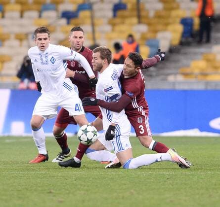 UEFA Champions League Group B match between Dynamo Kiev and Besiktas at NSK Olympiyskiy Stadium in Kiev , Ukraine , December 06 , 2016. Pictured Dusko Tosiec 6 , Adriano 3 of Besiktas and Andriy Yarmolenko 10 , Artem Besedin 41 of Dynamo Kiev. 