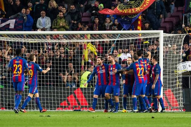 Fußball, CL, FC Barcelona - Borussia Mönchengladbach, Hattrick von Arda Turan FC Barcelona Barca s Samuel Umiti, Lucas Digne, Leo Messi, Arda Turan, Lucas Digne , Aleix Vidal during Champions League match between Futbol Club Barcelona and VfL Borussia Mönchengladbach at Camp Nou Stadium in Barcelona , Spain. December 06, 2016. (20161206011)