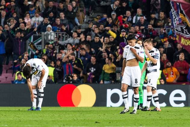 Fußball, CL, FC Barcelona - Borussia Mönchengladbach VfL Borussia Monchengladbach s Tobias Strobl , Mahmoud Dahoud Jannik Vestergaardduring Champions League match between Futbol Club Barcelona and VfL Borussia Mönchengladbach at Camp Nou Stadium in Barcelona , Spain. December 06, 2016.  (20161206015)