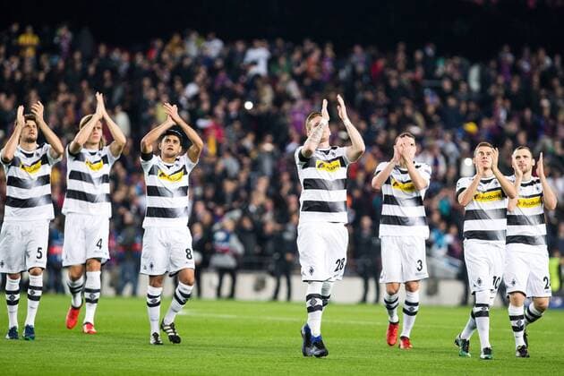 VfL Borussia Monchengladbach s Jannik Vestergaard, -Andre Hahn , Nico Elvedi, Yann Sommer, Tobias Strobl, Andreas Christensen, Tobias Strobl, Thorgan Hazard during Champions League match between Futbol Club Barcelona and VfL Borussia Mönchengladbach at Camp Nou Stadium in Barcelona , Spain. December 06, 2016.  (20161206015)