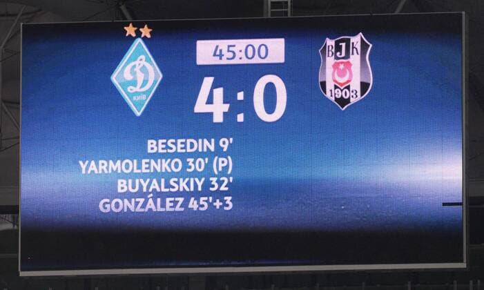 UEFA Champions League Group B match between Dynamo Kiev and Besiktas at NSK Olympiyskiy Stadium in Kiev , Ukraine , December 06 , 2016. Final Score : Dynamo Kiev 6 - Besiktas 0 Pictured Scoreboard 