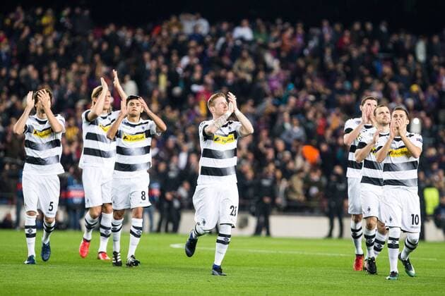 VfL Borussia Monchengladbach s Jannik Vestergaard, Andre Hahn , Nico Elvedi, Yann Sommer, Tobias Strobl, Andreas Christensen, Tobias Strobl, Thorgan Hazard during Champions League match between Futbol Club Barcelona and VfL Borussia Mönchengladbach at Camp Nou Stadium in Barcelona , Spain. December 06, 2016.  (20161206014)