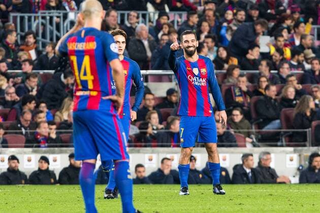 FC Barcelona Barca s Javier Mascherano, Arda Turan during Champions League match between Futbol Club Barcelona and VfL Borussia Mönchengladbach at Camp Nou Stadium in Barcelona , Spain. December 06, 2016.  (20161206119)