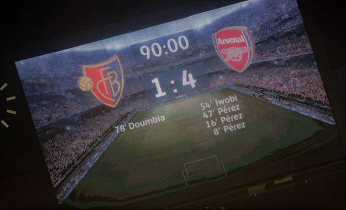 SOCCER - CL, Basel vs Arsenal BASEL,SWITZERLAND,06.DEC.16 - SOCCER - UEFA Champions League, group stage, FC Basel vs Arsenal FC. Image shows the match score. Keywords: scoreboard. GEPAxpictures xMatthiasxHauer