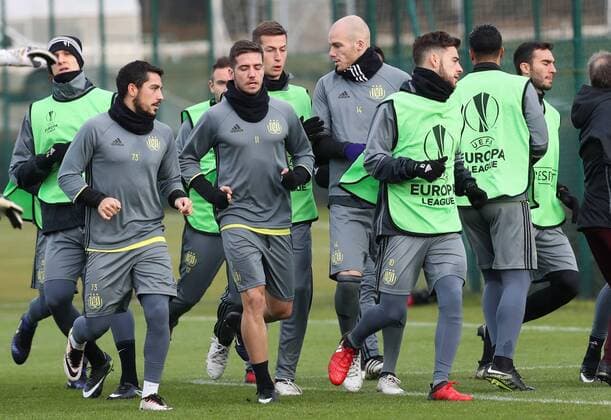 Anderlecht s Nicolae-Claudiu Stanciu, Anderlecht s Alexandru Chipciu, Anderlecht s Bram Nuytinck and Anderlecht s Massimo Bruno pictured during a training session of Belgian soccer team RSC Anderlecht in Brussels, Wednesday 07 December 2016. Tomorrow Anderlecht is playing the sixth and last game in the group stage (group C) of the UEFA Europa League competition against French club AS Saint-Etienne. Anderlecht is leader of the group and already qualified for the next stage. VIRGINIExLEFOUR  x04992029x