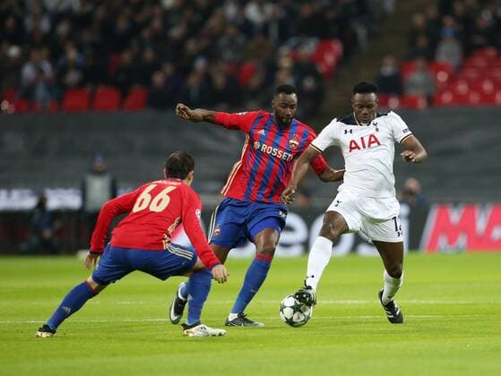 Tottenham s Victor Wanyama tussles with CSKA Moscow s Lacina Traore during the Champions League group match at Wembley Stadium, London. Picture date December 7th, 2016 Pic David Klein Sportimage EDITORIAL USE ONLY. No use with unauthorised audio, video, data, fixture lists, club league logos or live services. Online in-match use limited to 120 images, no video emulation. No use in betting, games or single club league player publications.