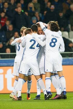 Kobenhavn s players celebrate after scoring during the sixth and last game of the group stage of the Europa League competition between Belgian soccer team Club Brugge and Dannish club FC Kopenhagen, in the group G, Wednesday 07 December 2016, in Brugge. KURTxDESPLENTER  x04993142x