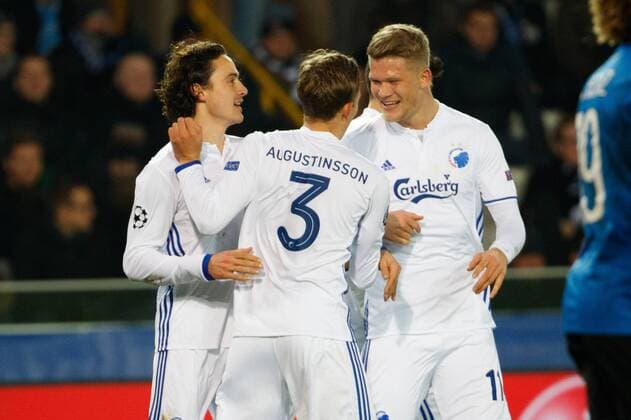 Kobenhavn s players celebrate after scoring during the sixth and last game of the group stage of the Europa League competition between Belgian soccer team Club Brugge and Dannish club FC Kopenhagen, in the group G, Wednesday 07 December 2016, in Brugge. KURTxDESPLENTER  x04993143x