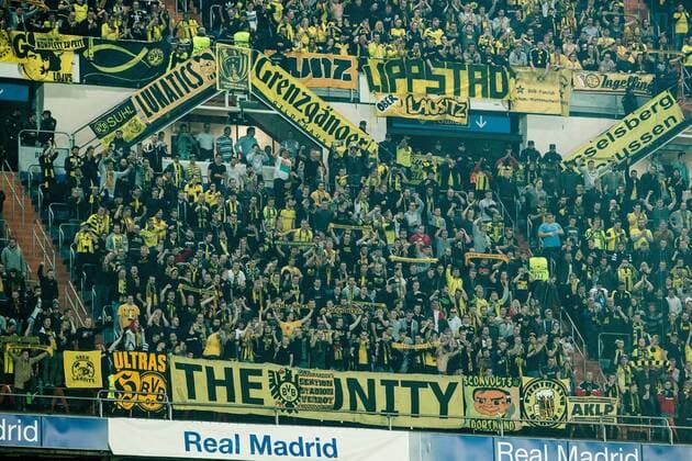 Borussia Dortmund supporters during Champions League match between Real Madrid and Borussia Dortmund at Santiago Bernabeu Stadium in Madrid , Spain. December 07, 2016.  (20161207100)