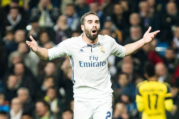 Real Madrid s Daniel Carvajal during Champions League match between Real Madrid and Borussia Dortmund at Santiago Bernabeu Stadium in Madrid , Spain. December 07, 2016.  (20161207037)