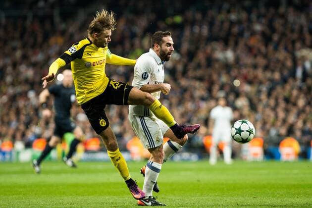 Borussia Dortmund Marcel Shmeizer, Real Madrid s Daniel Carvajal during Champions League match between Real Madrid and Borussia Dortmund at Santiago Bernabeu Stadium in Madrid , Spain. December 07, 2016.  (20161207045)
