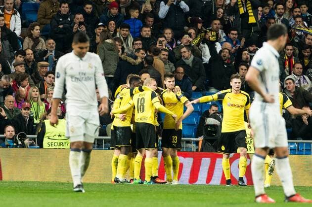 Borussia Dortmund Ousmane Cembele, Pierre Aubameyang, Sokratis Papastathoppulos, Real Madrid s Carlos Henrique Casemiro during Champions League match between Real Madrid and Borussia Dortmund at Santiago Bernabeu Stadium in Madrid , Spain. December 07, 2016.  (20161207088)