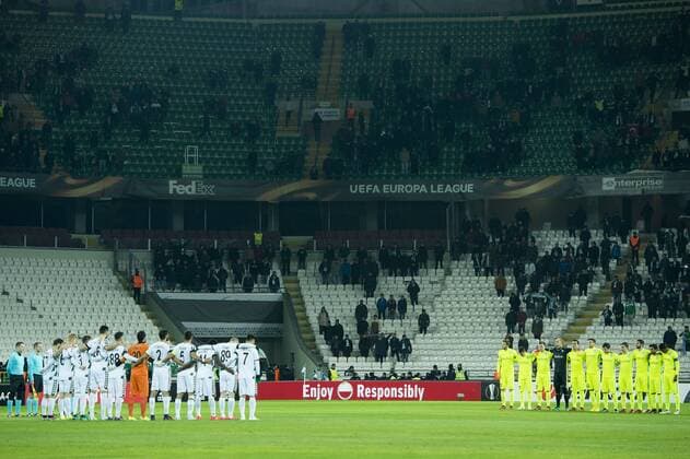 illustration picture shows a minute of silence to commemorate the victims of the plane crash involving the Brazilian team Chapecoense at the start of the sixth and last game of the group stage of the Europa League competition in the group H, between Belgian first league soccer team KAA Gent and Turkish soccer club Konyaspor in Konya, Turkey, Thursday 08 December 2016. JASPERxJACOBS  x04993706x